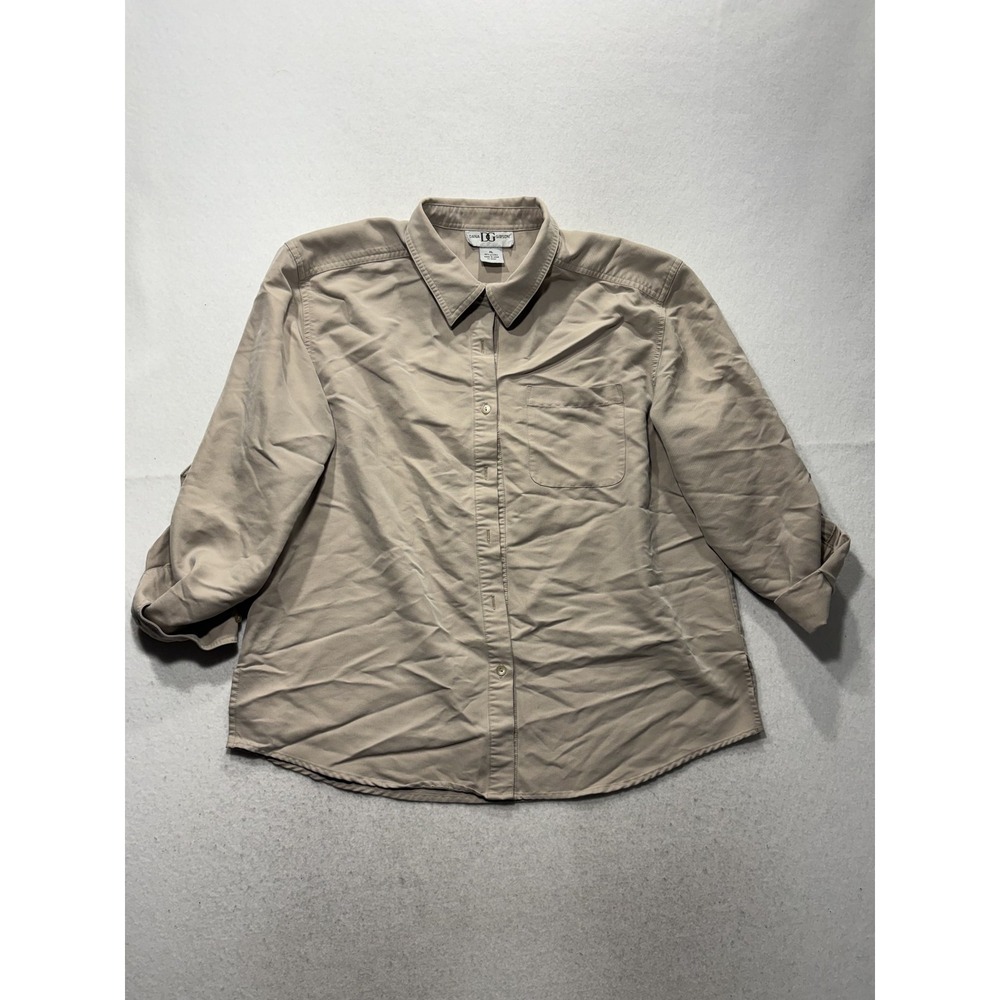 Dana Gibson Button Up Shirt Womens XL Beige Collared Lyocell Long Sleeve Top